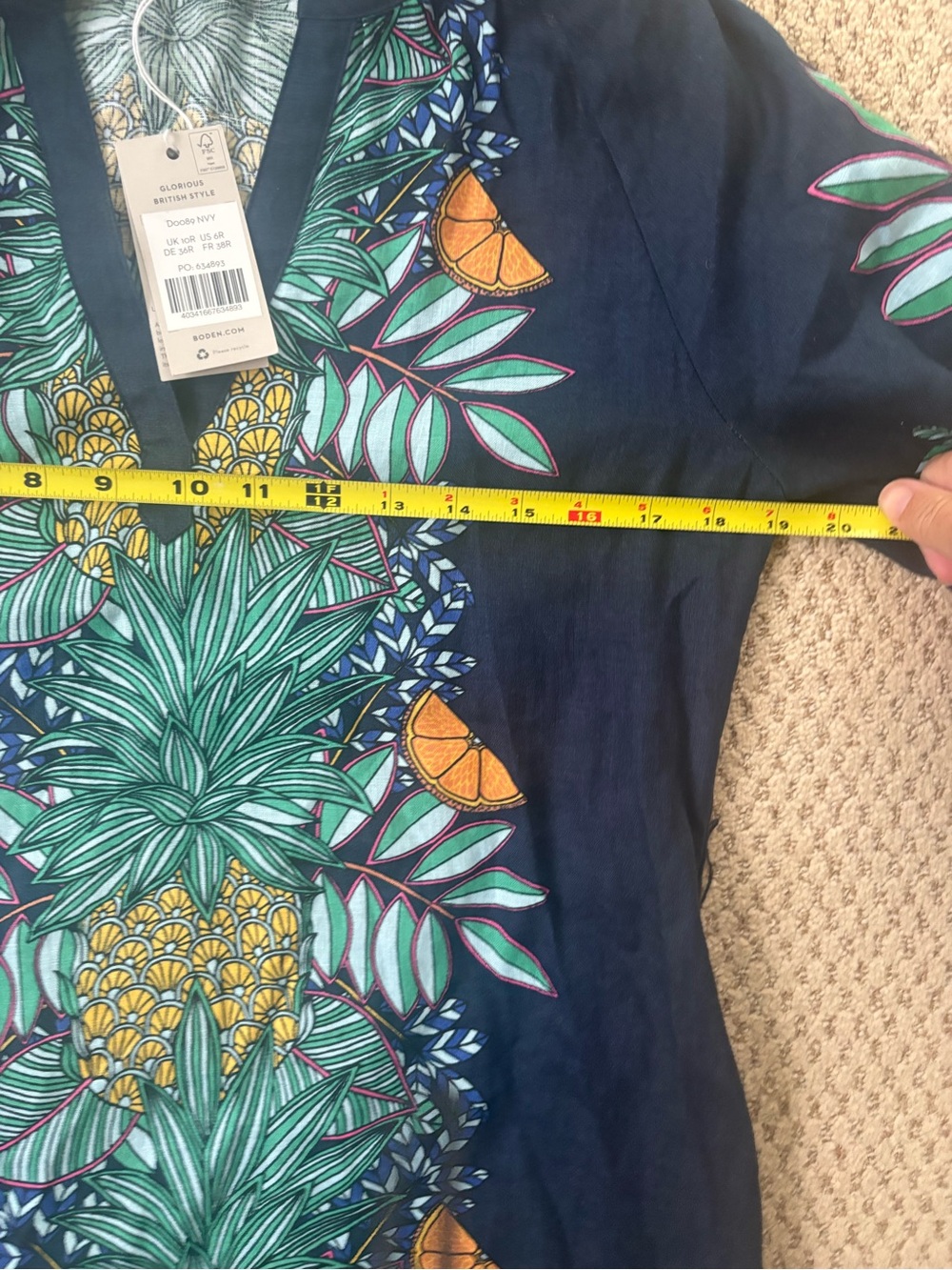 Boden linen dress tunic NWT US 6 notch neck linen mini navy pineapple bloom - Picture 10 of 16